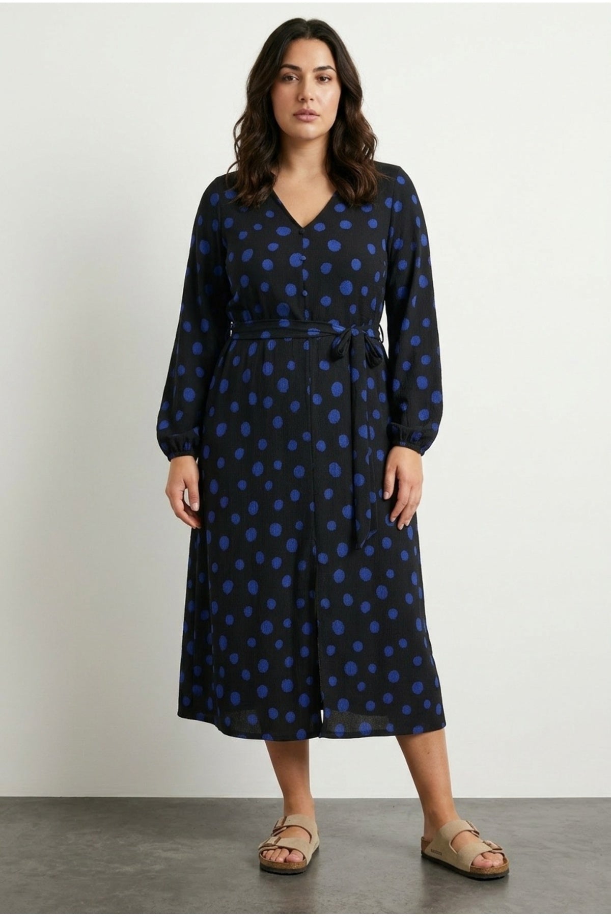 Plus Size Long Sleeve V-Neck Belted Polka Dot Maxi Dress