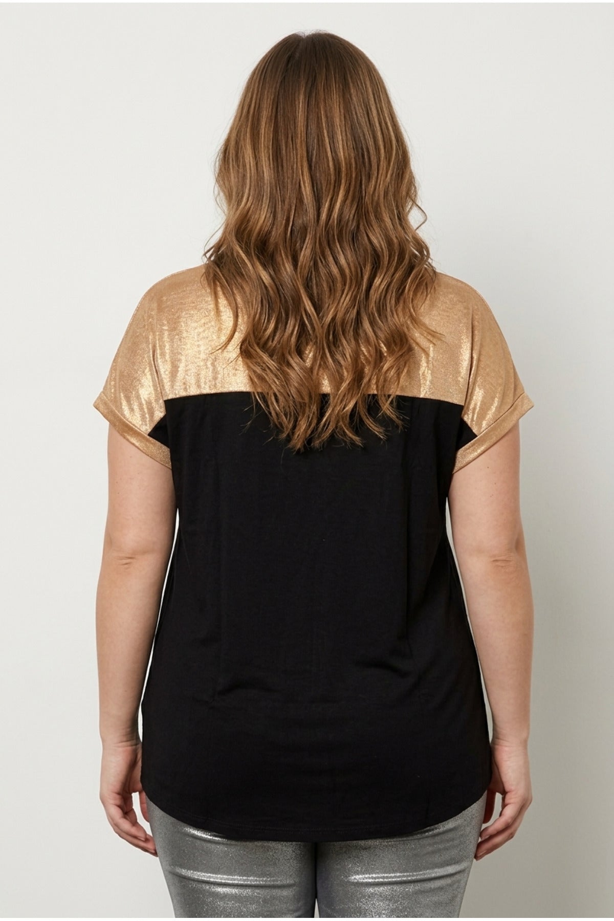 Plus Size Crew Neck Short Sleeve Shiny Stretchy Fabric T-shirt