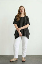 Plus Size Crew Neck Batwing Sleeve Striped Asymmetrical Cut Stretchy Fabric T-shirt