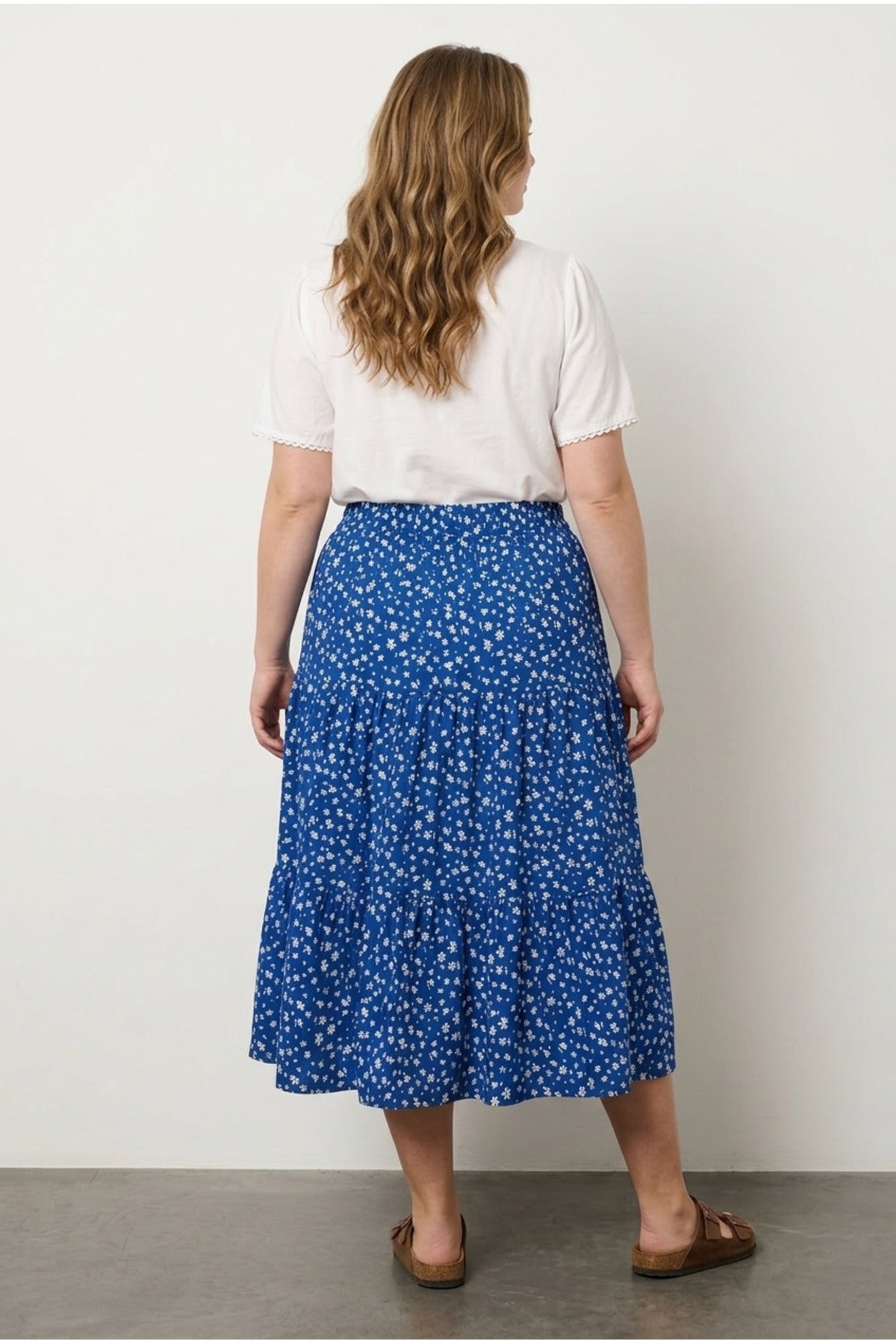 Plus Size Elastic Waist Pleated Minimal Floral Patterned Stretchy Fabric Skirt