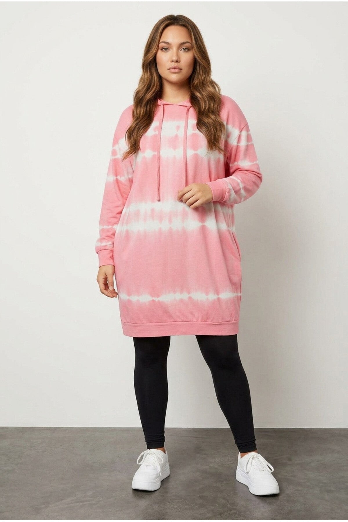 Plus Size Batik Patterned Longline Pocketed Hooded Sweatshirt