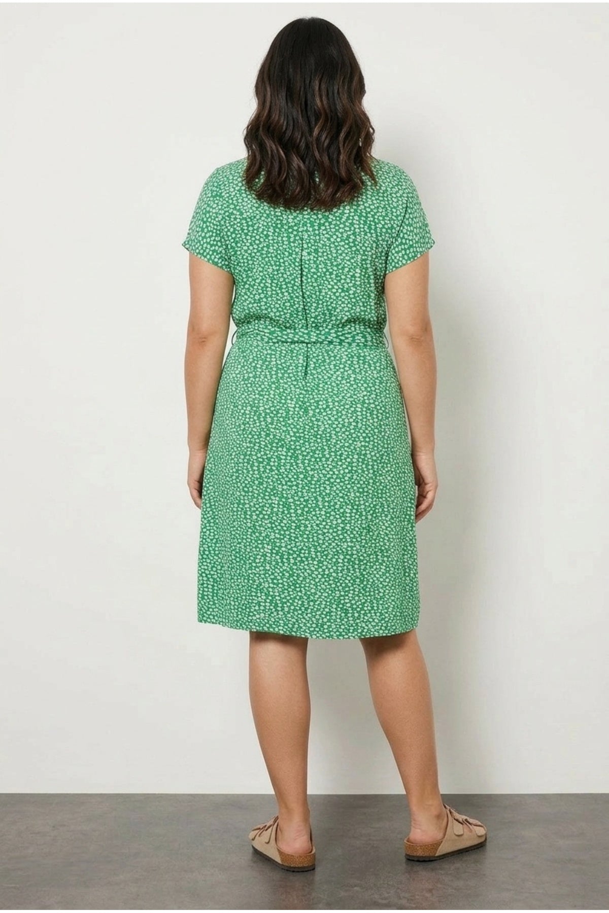 Plus Size Floral Print Midi Length Belted Buttoned Dress
