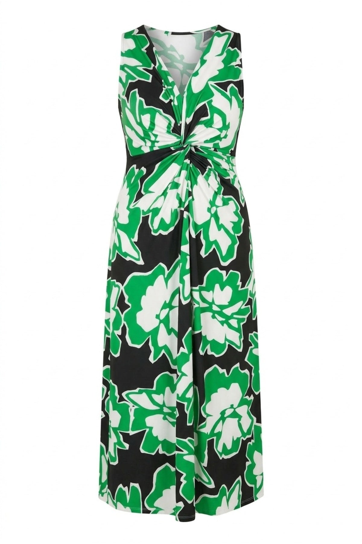 Plus Size V-Neck Sleeveless Floral Patterned Ruched Front Maxi Dress