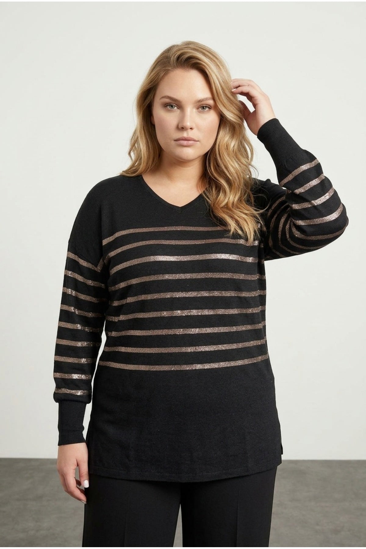Plus Size Long Sleeve V-Neck Blouse with Elasticated Cuffs