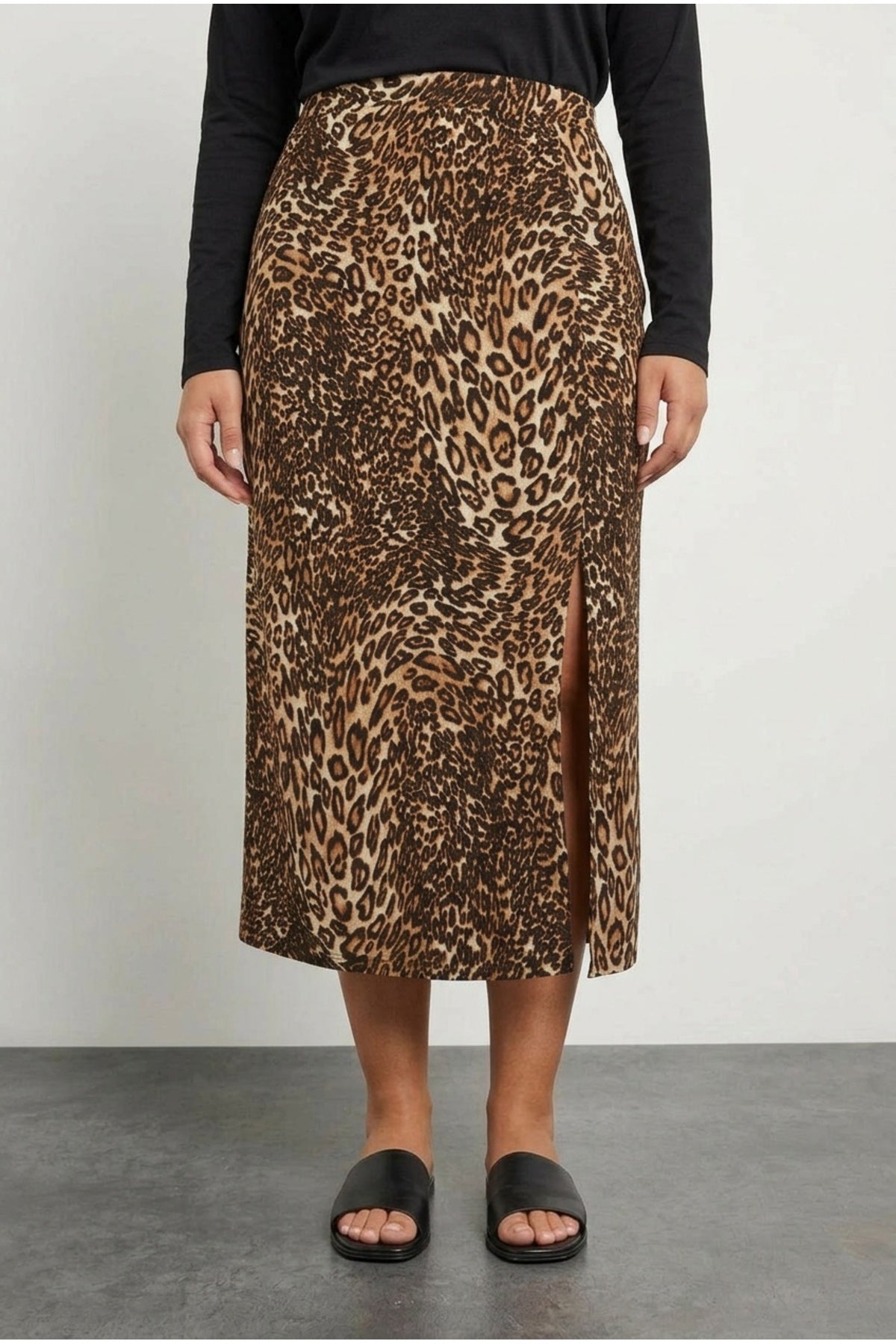 Plus Size Elastic Waist Slit Leopard Print Midi Length Skirt