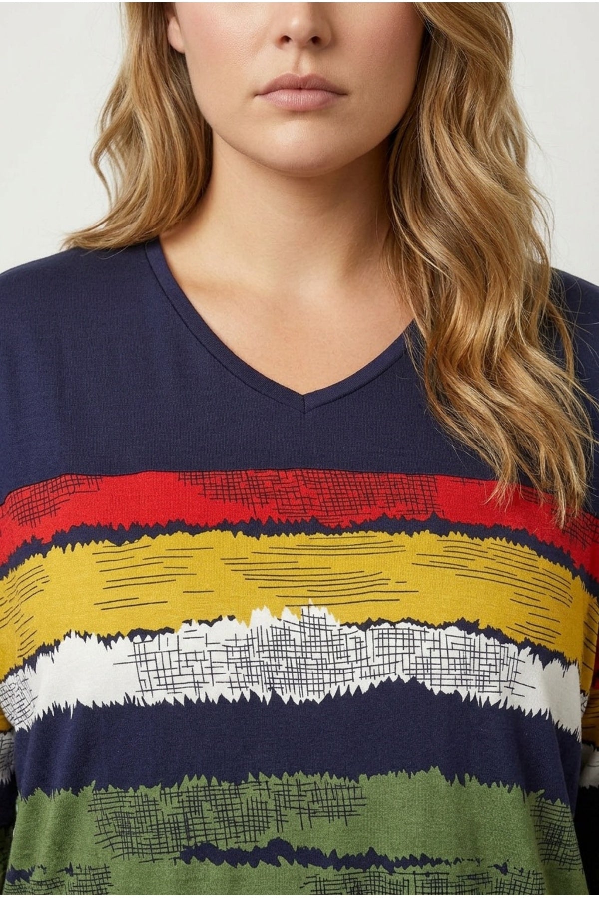 Plus Size V-Neck Striped Side Slit Long Sleeve Blouse