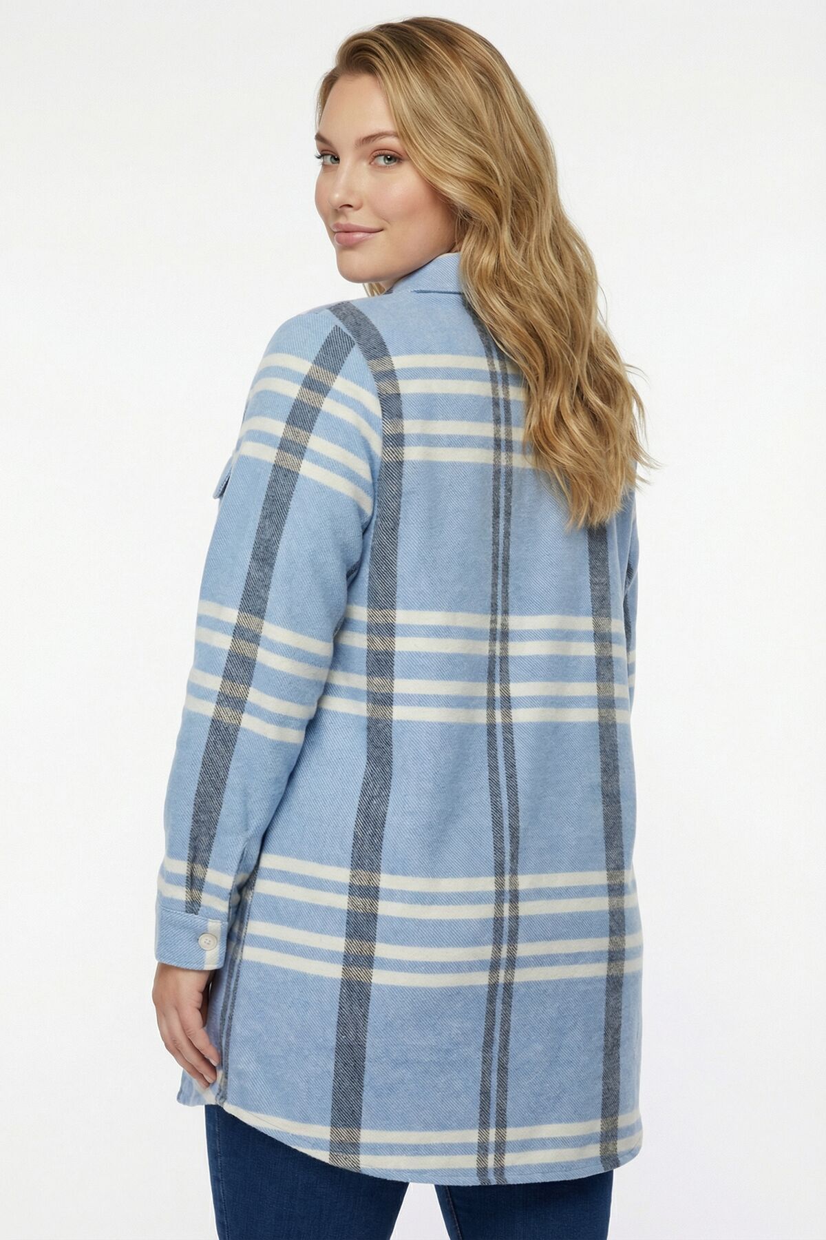 Plus Size Buttoned Pocketed Blue Flannel Shirt