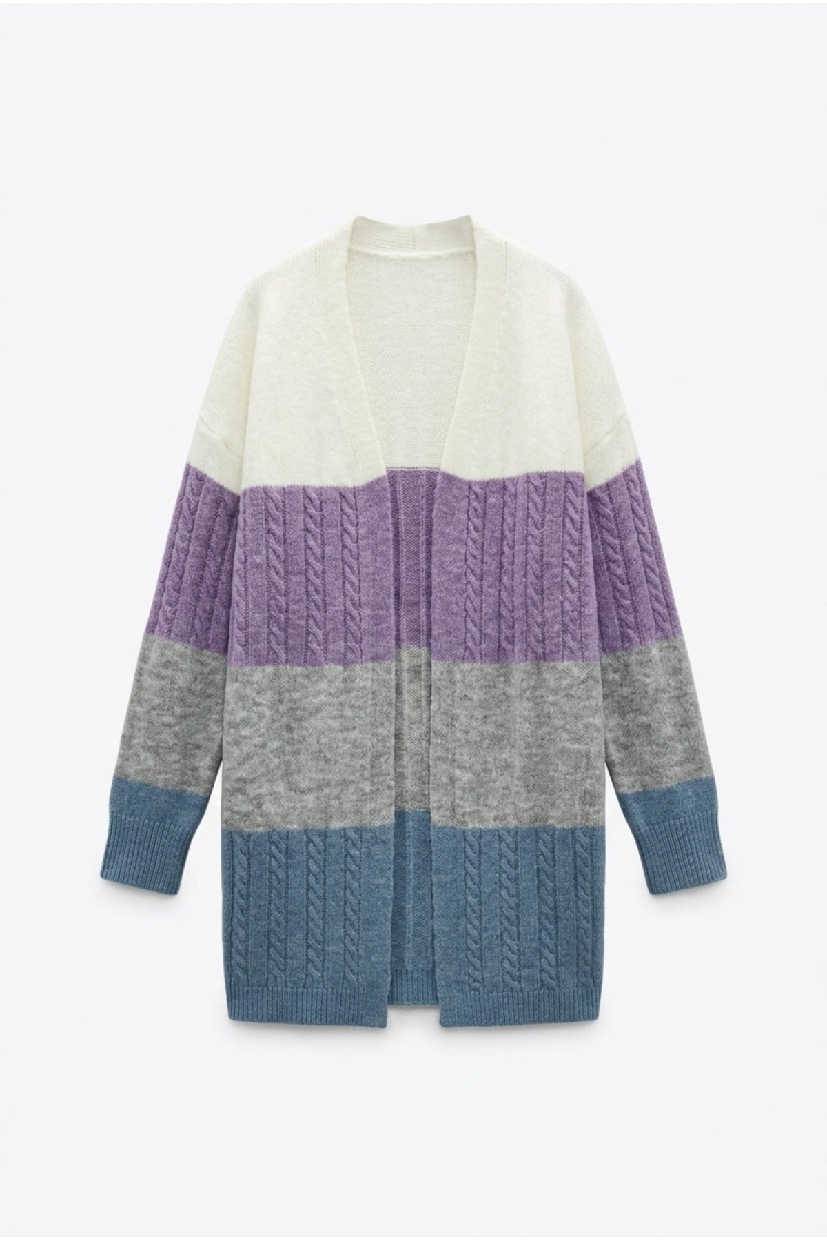 Plus Size Long Sleeve Open Front Color Block Knit Cardigan