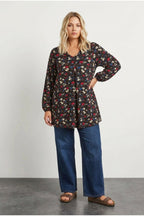 Plus Size Long Sleeve V-Neck Pleated Front Floral Print Blouse