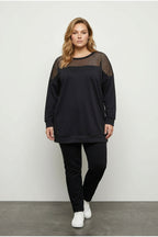 Plus Size Crew Neck Long Sleeve Mesh Detail Shoulder Sweatshirt