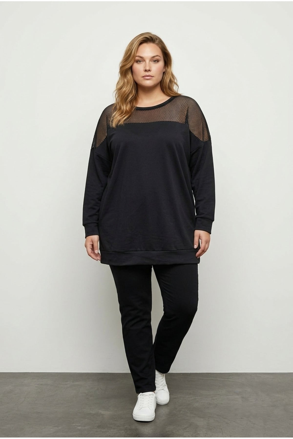 Plus Size Crew Neck Long Sleeve Mesh Detail Shoulder Sweatshirt