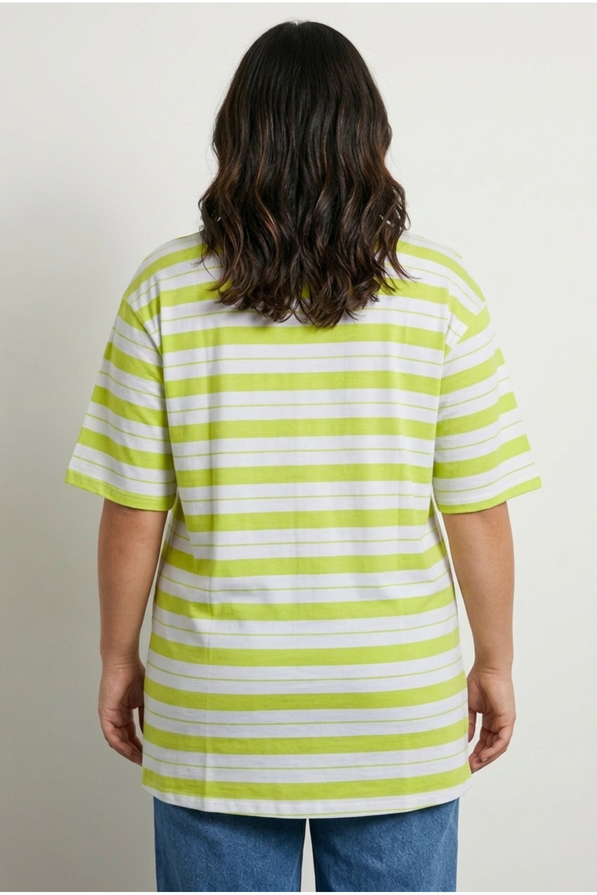Plus Size Crew Neck Short Sleeve Striped Long Stretchy Fabric Tunic T-shirt