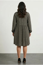 Plus Size Long Sleeve Abstract Patterned Midi Dress with Collar Detail