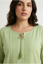 Plus Size Tie-Neck Puff Sleeve Lace Long T-shirt