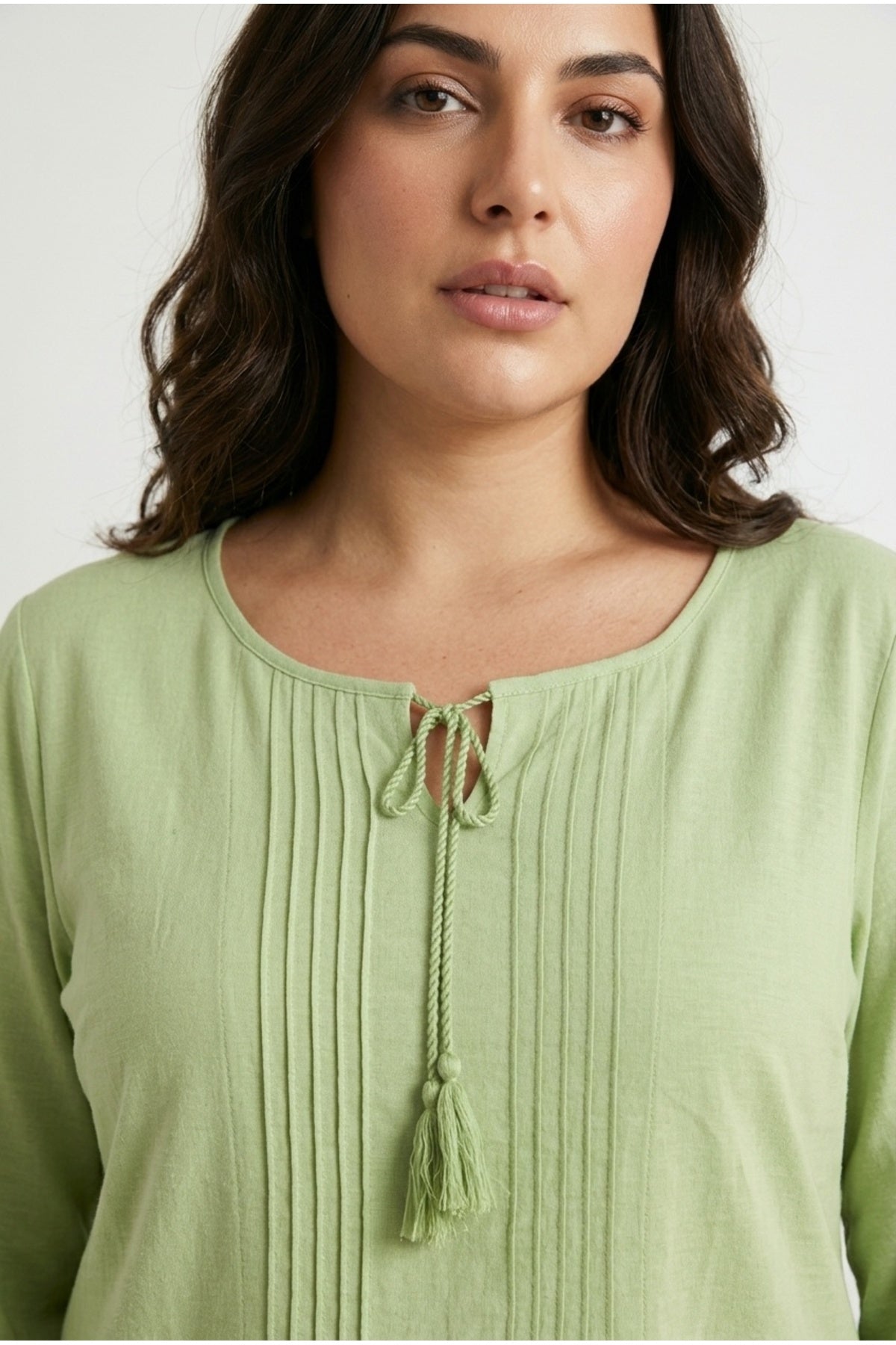 Plus Size Tie-Neck Puff Sleeve Lace Long T-shirt
