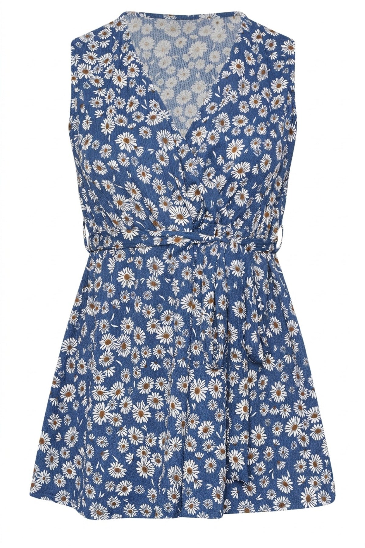 Plus Size V-Neck Sleeveless Floral Patterned Belted Wrap Blouse