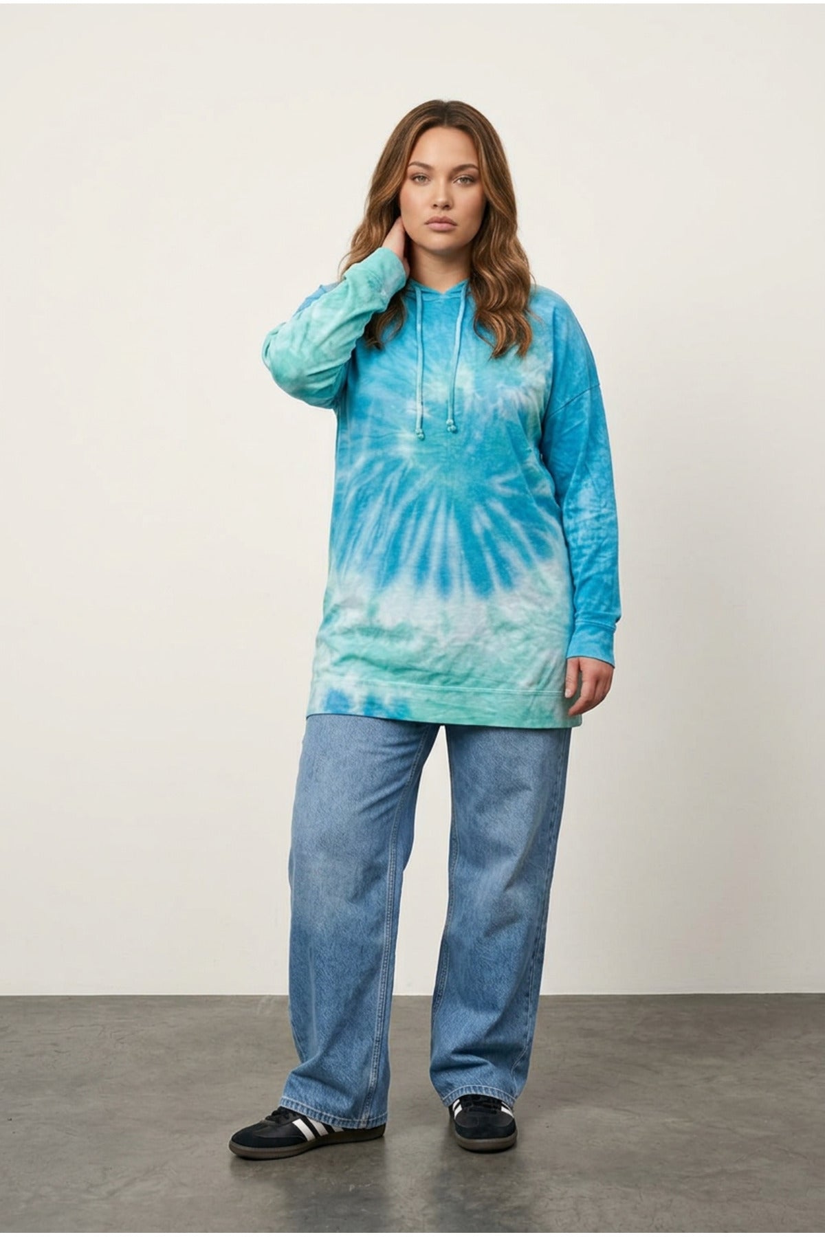 Plus Size Hooded Long Sleeve Lightweight Tie-Dye Patterned Sweatshirt