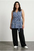 Plus Size V-Neck Sleeveless Floral Patterned Belted Wrap Blouse