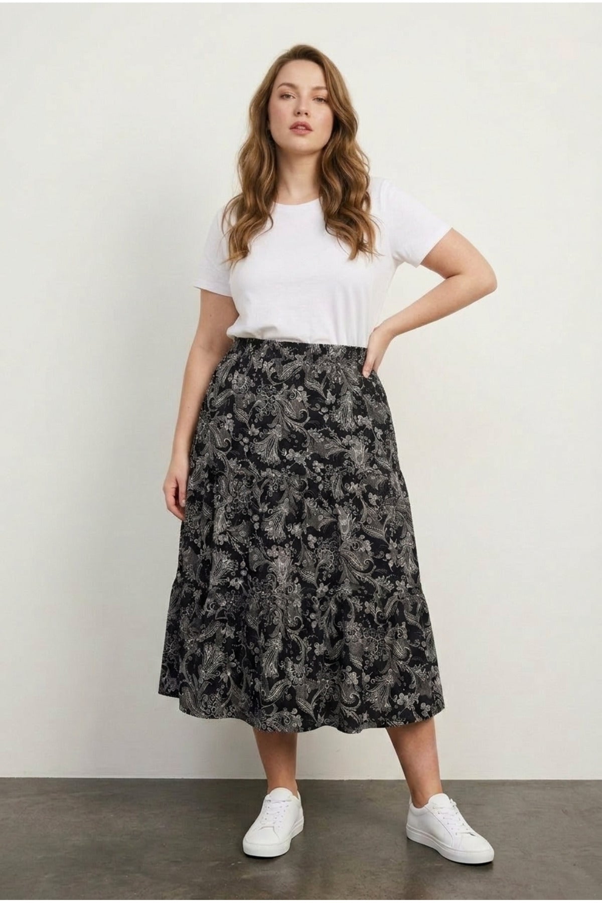 Plus Size Elastic Waist Pleated Floral Print Stretchy Fabric Skirt
