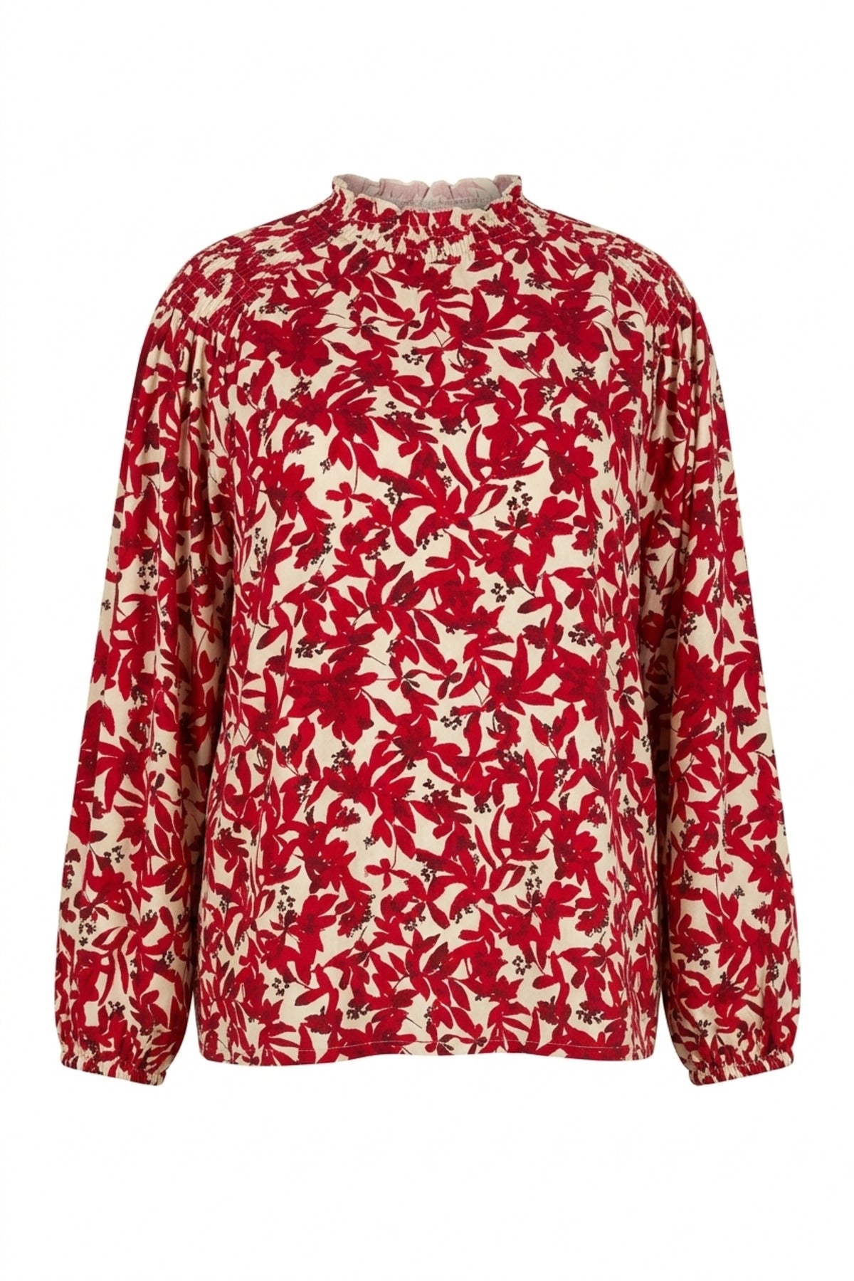 Plus Size Ruched Neck Long Sleeve Patterned Blouse
