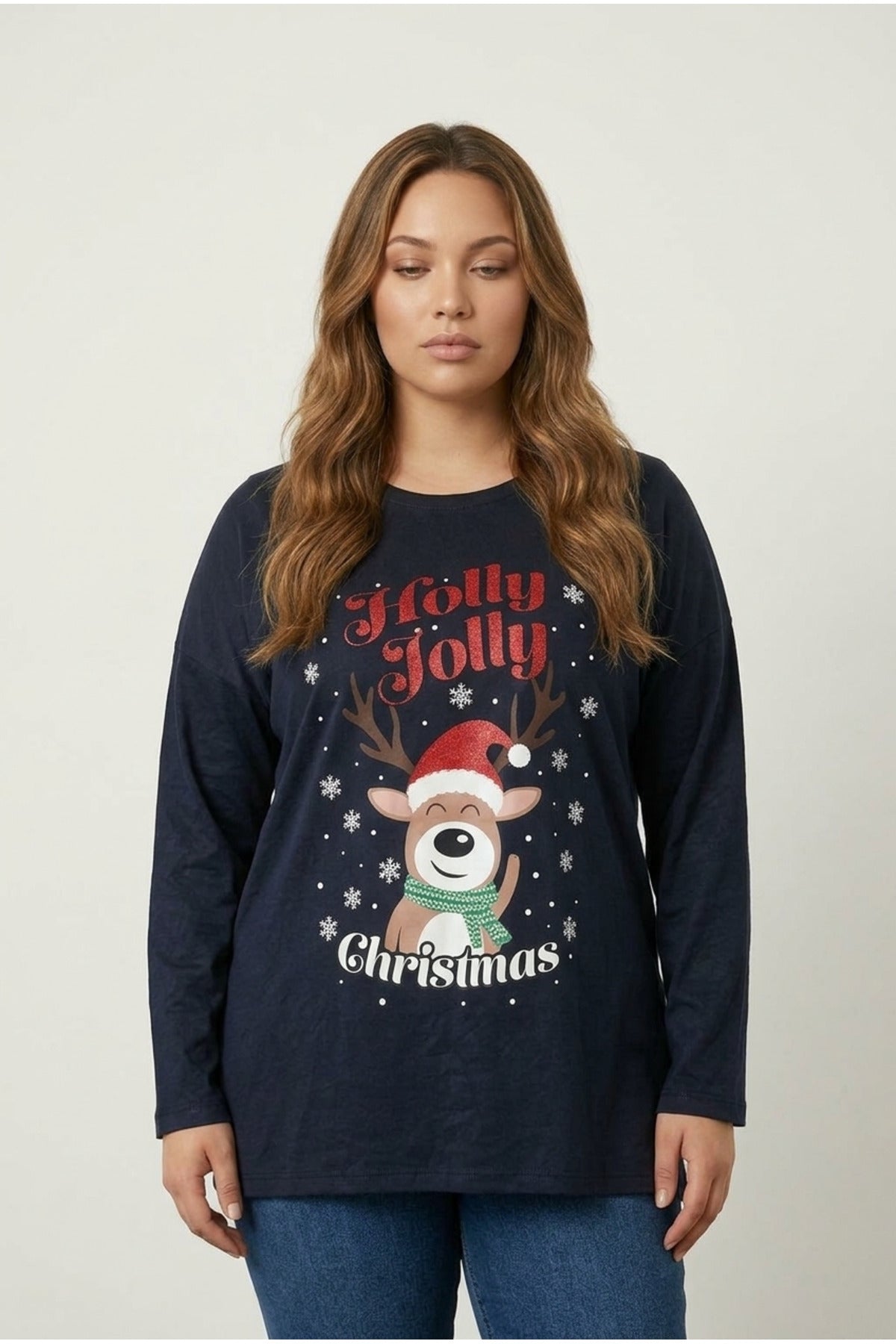 Plus Size Christmas Themed Crew Neck Long Sleeve Slitted Sweatshirt