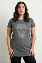 Plus Size Crew Neck Short Sleeve Skull Print Rhinestone T-shirt