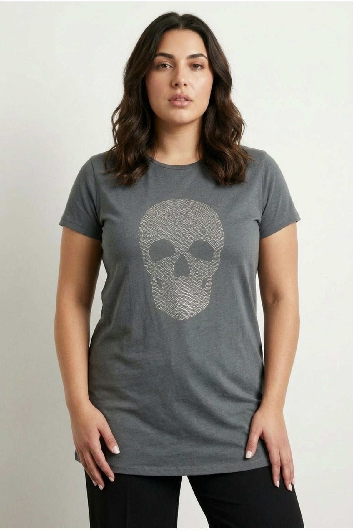 Plus Size Crew Neck Short Sleeve Skull Print Rhinestone T-shirt