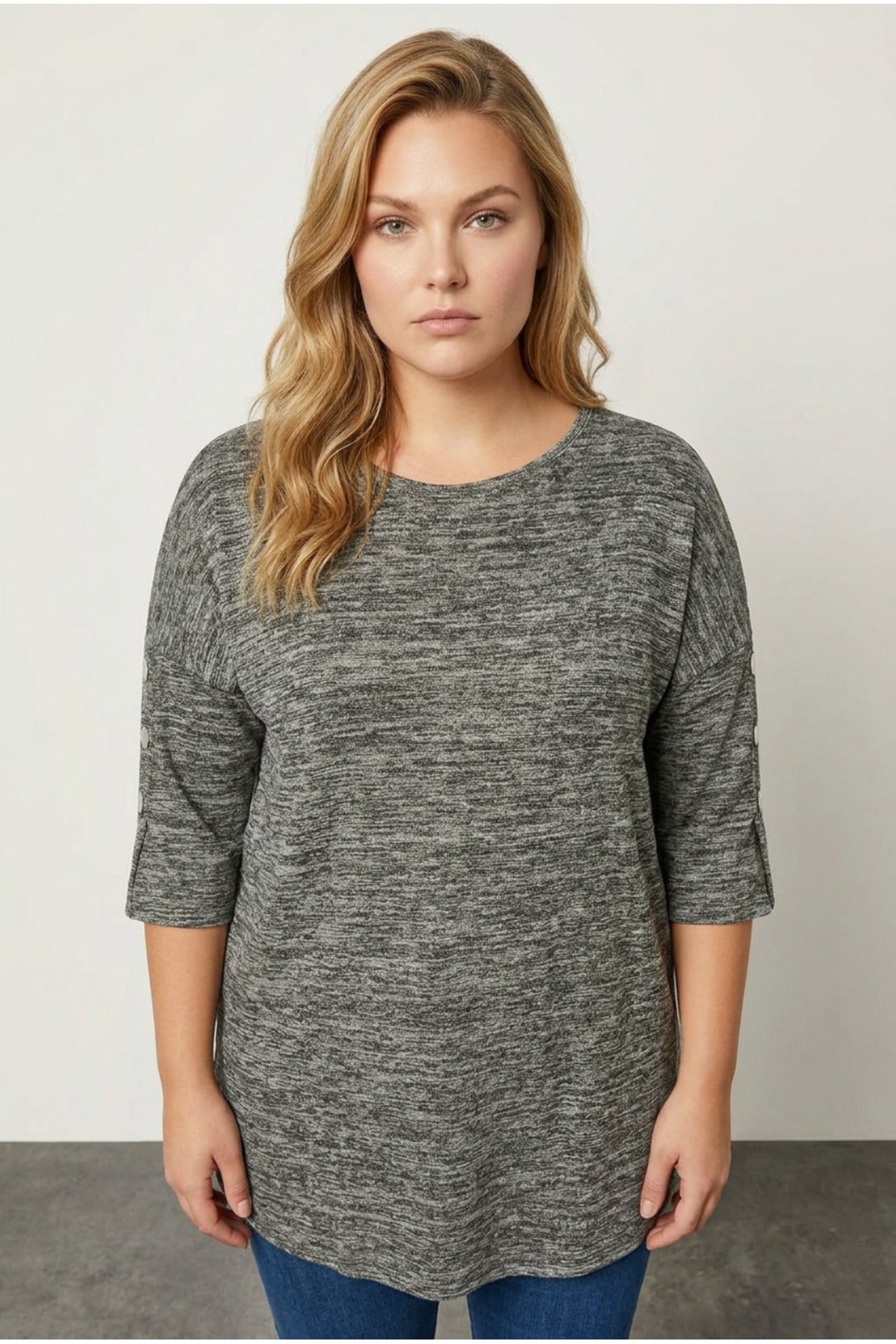 Plus Size Half Sleeve Button Detailed Soft Textured Sweater
