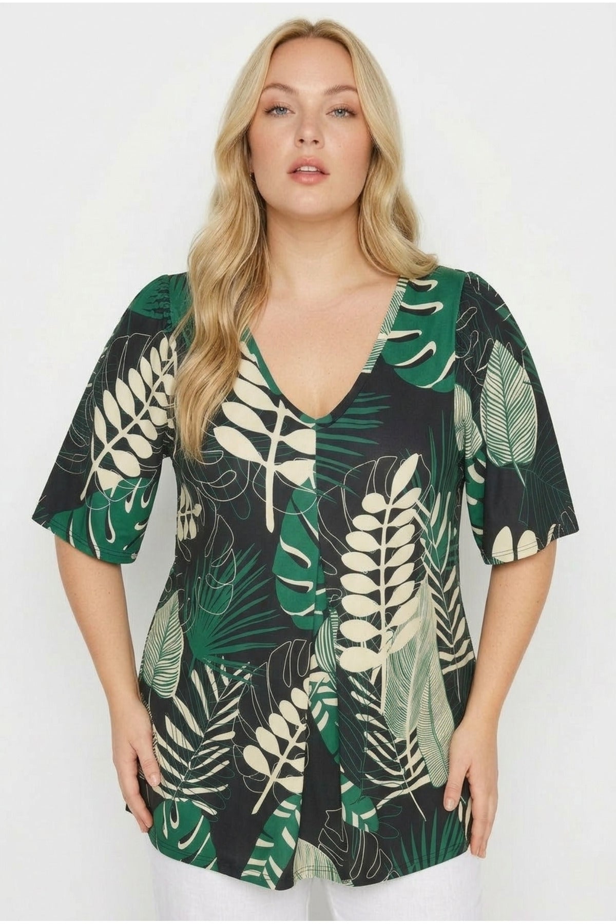 Plus Size V-Neck Short Wide Sleeve Front Pleated Stretchy Fabric Tunic T-shirt
