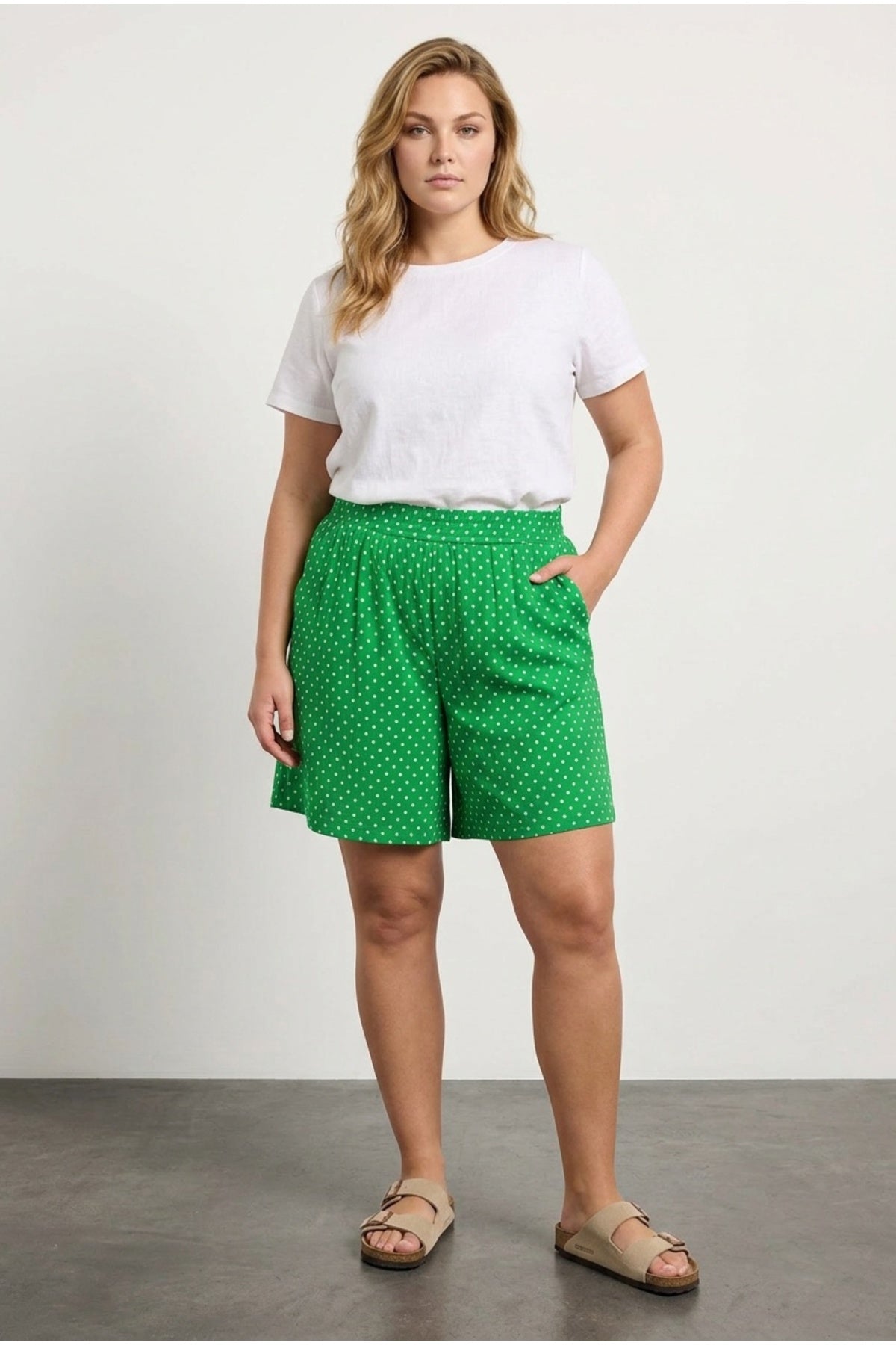 Plus Size Pocketed Crinkled Fabric Polka Dot Shorts