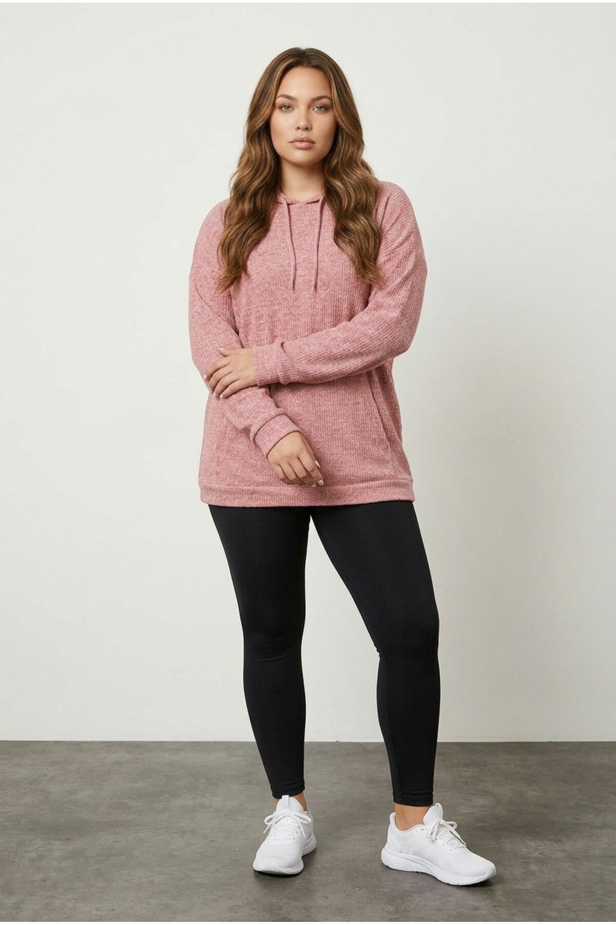 Plus Size Long Sleeve Hooded Fine Knit Sweatshirt with Side Pockets