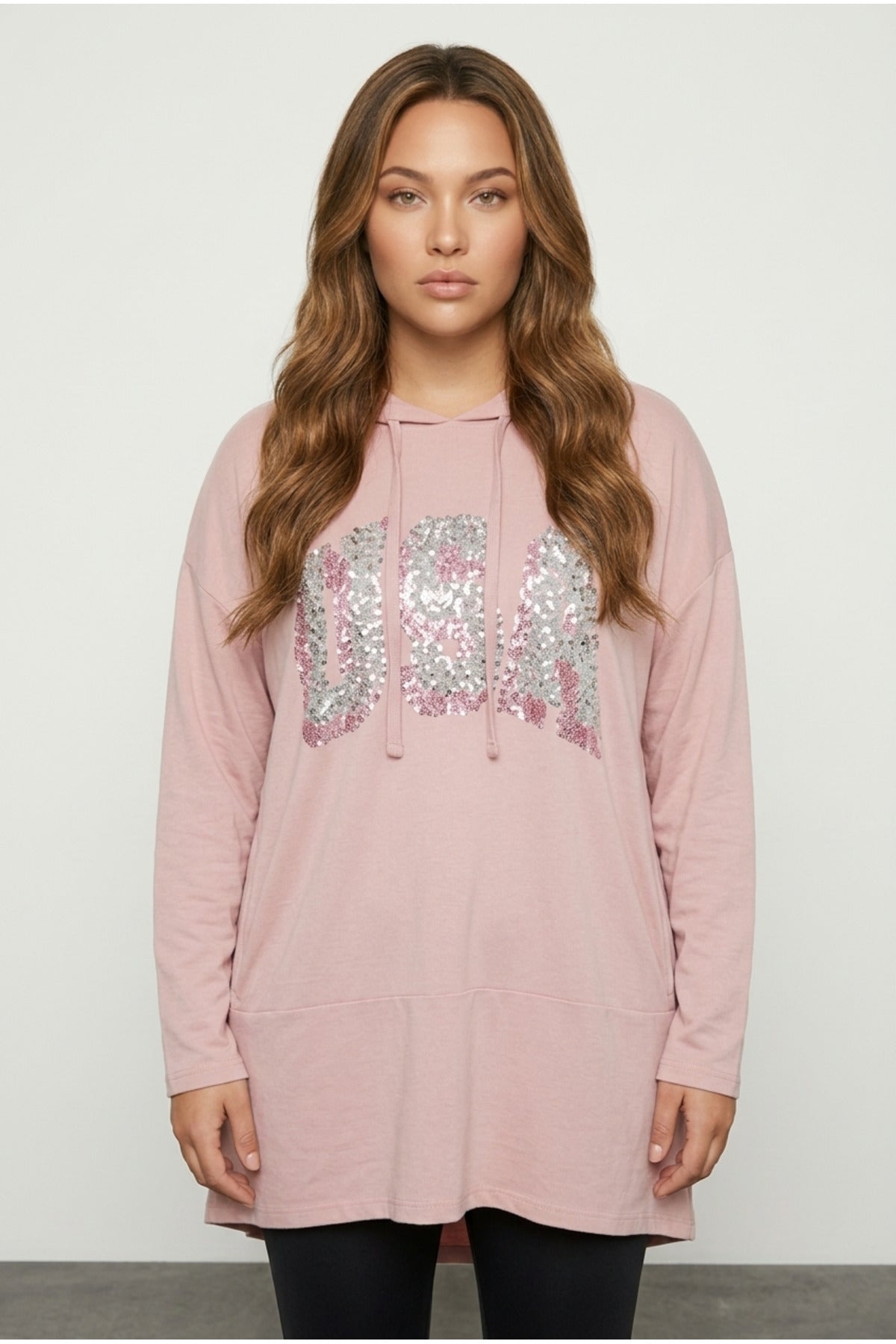 Plus Size Hooded Sequin Detailed Pocketless Long Sleeve Sweatshirt