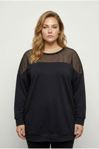 Plus Size Crew Neck Long Sleeve Mesh Detail Shoulder Sweatshirt
