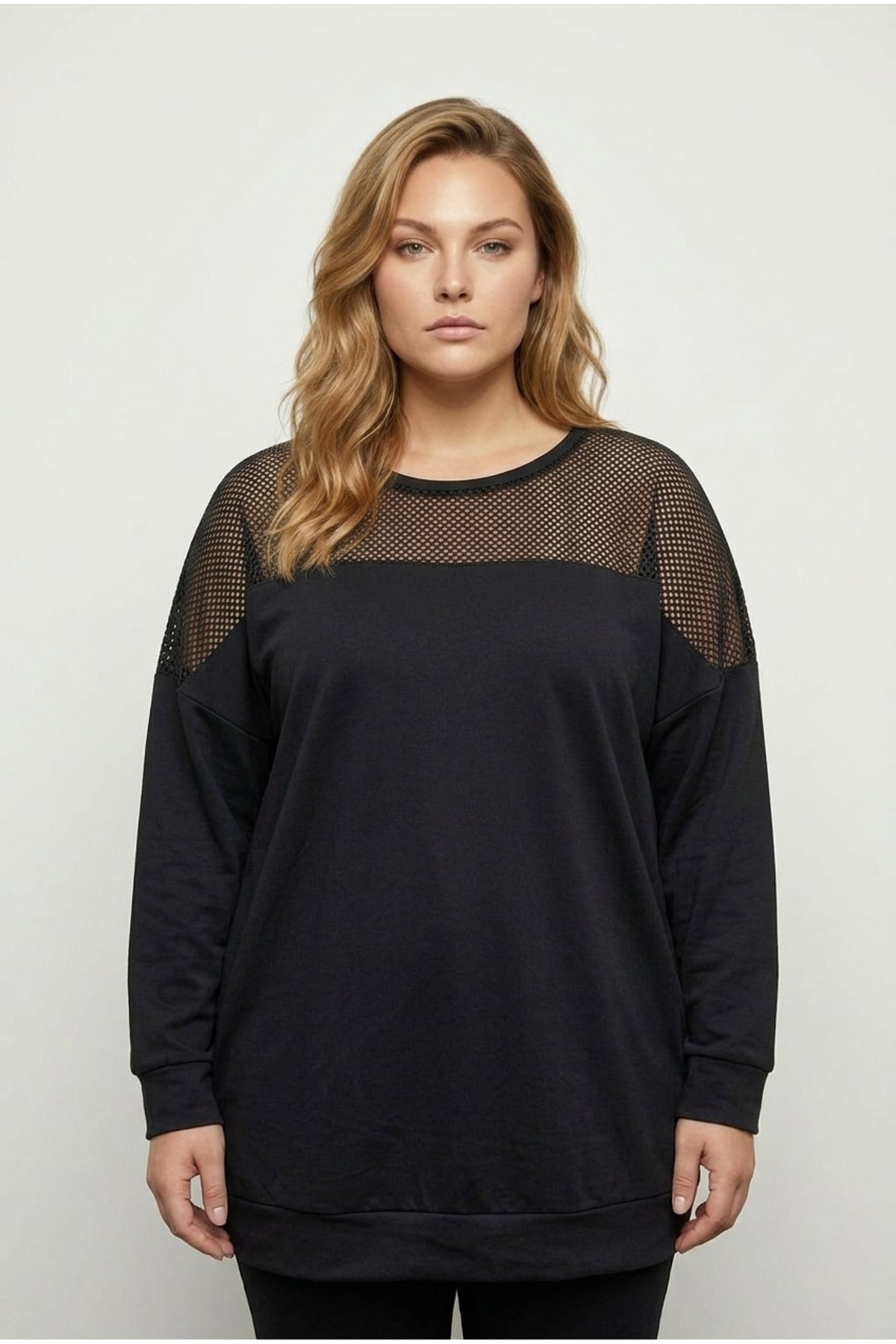 Plus Size Crew Neck Long Sleeve Mesh Detail Shoulder Sweatshirt