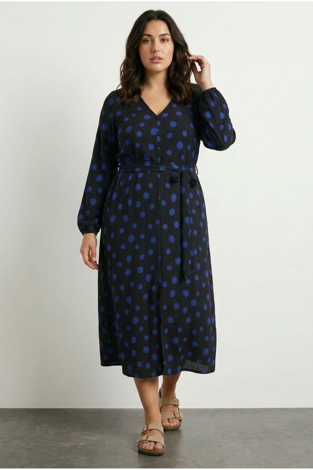 Plus Size Long Sleeve V-Neck Belted Polka Dot Maxi Dress