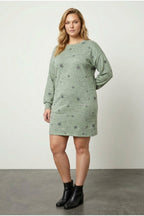 Plus Size Long Sleeve Crew Neck Star Patterned Stretchy Dress