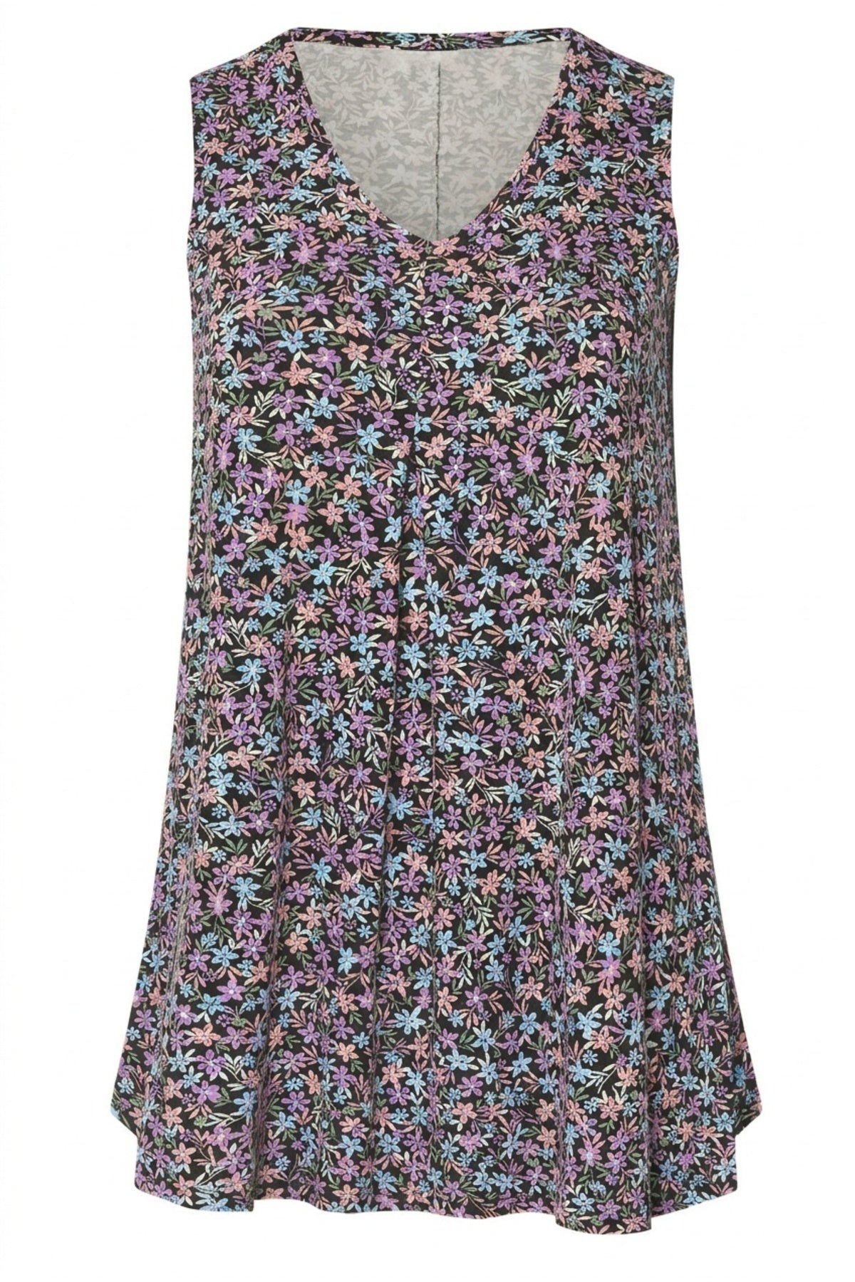Plus Size Sleeveless V-Neck Floral Patterned Flared Hem Blouse
