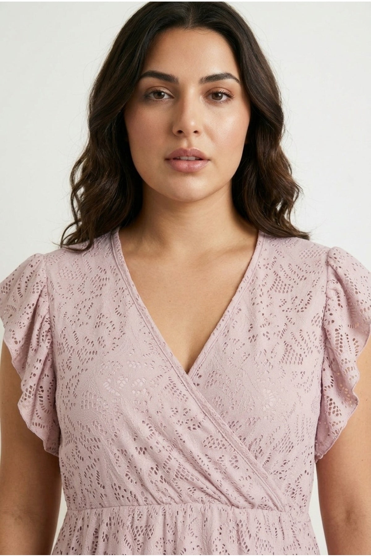 Plus Size V-Neck Short Sleeve Lace Detailed Ruffled Sleeve Lined Mini Dress