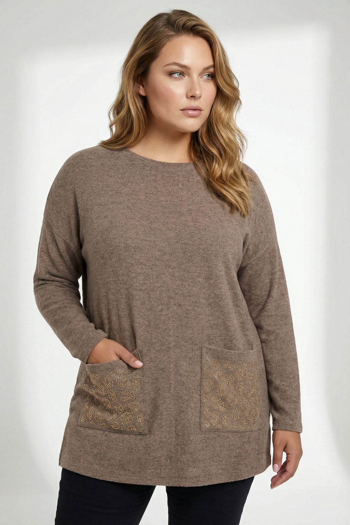 Plus Size Leopard Stone Embellished Coffee Fluffy Sweater