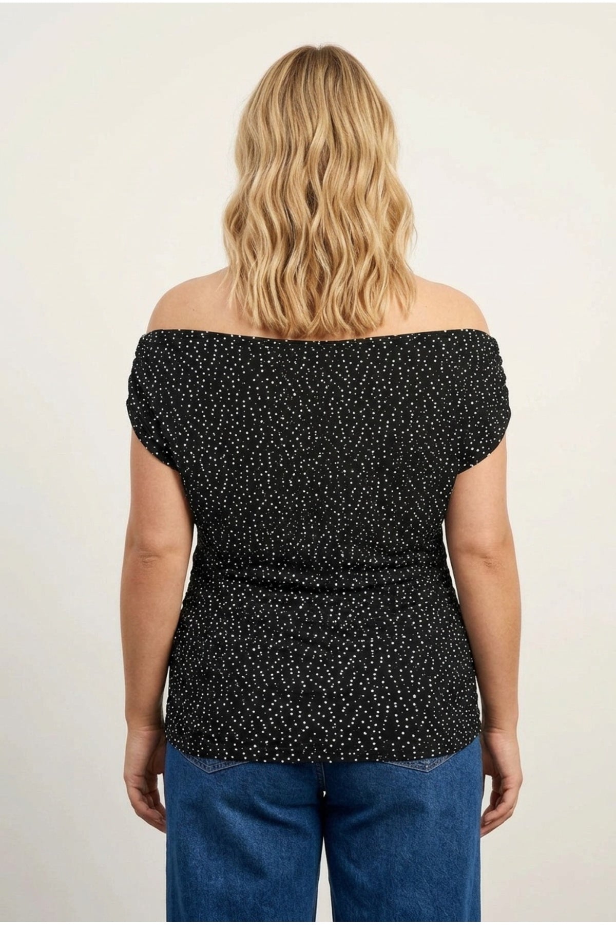 Plus Size Off-Shoulder Draped Sleeve Polka Dot Patterned Blouse