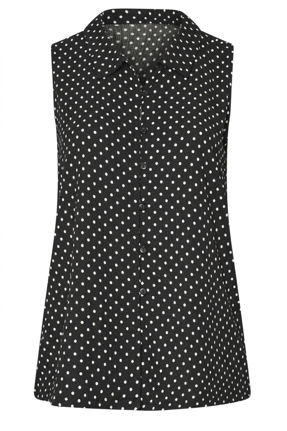 Plus Size Polo Neck Sleeveless Buttoned Polka Dot T-shirt