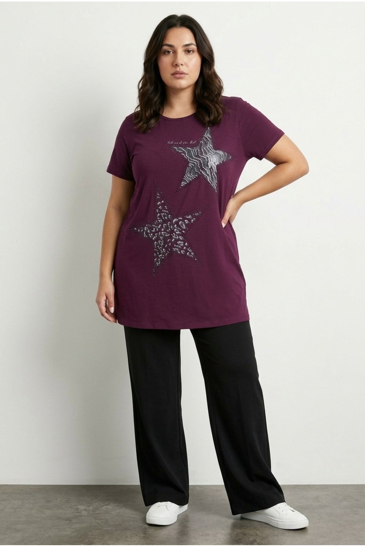Plus Size Crew Neck Short Sleeve Shiny Printed Rhinestone Embellished T-shirt