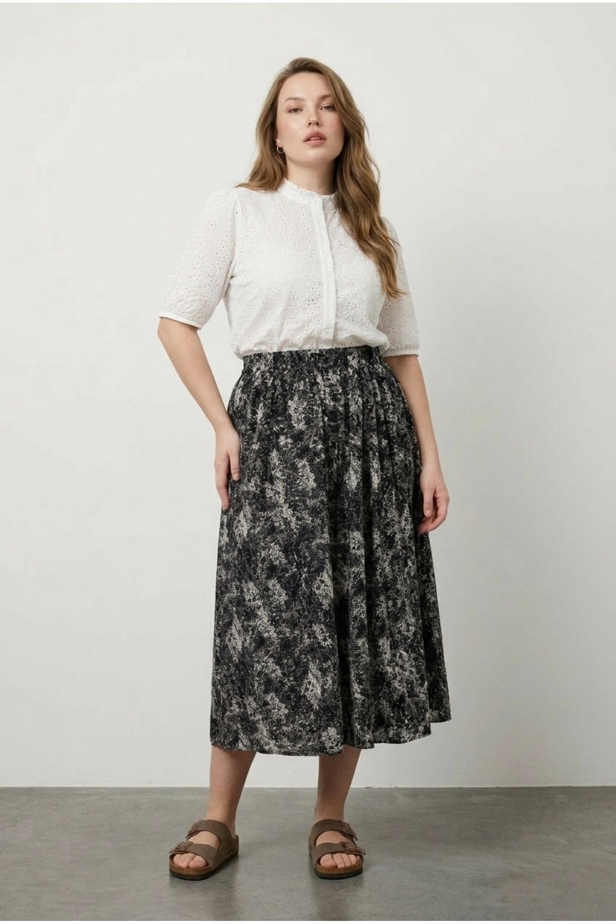 Plus Size Elastic Waist Pleated Patterned Stretchy Fabric Skirt