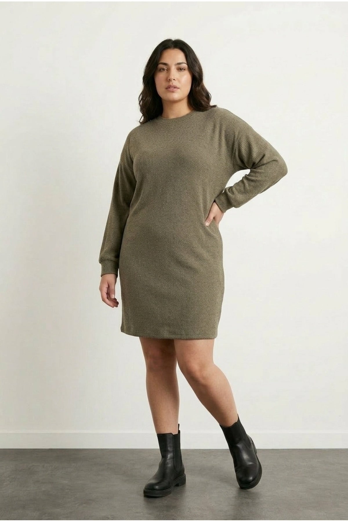 Plus Size Long Sleeve Crew Neck Straight Cut Dress