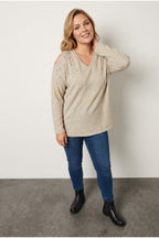 Plus Size V-Neck Beaded Embellished Sweater with Shoulder Detail