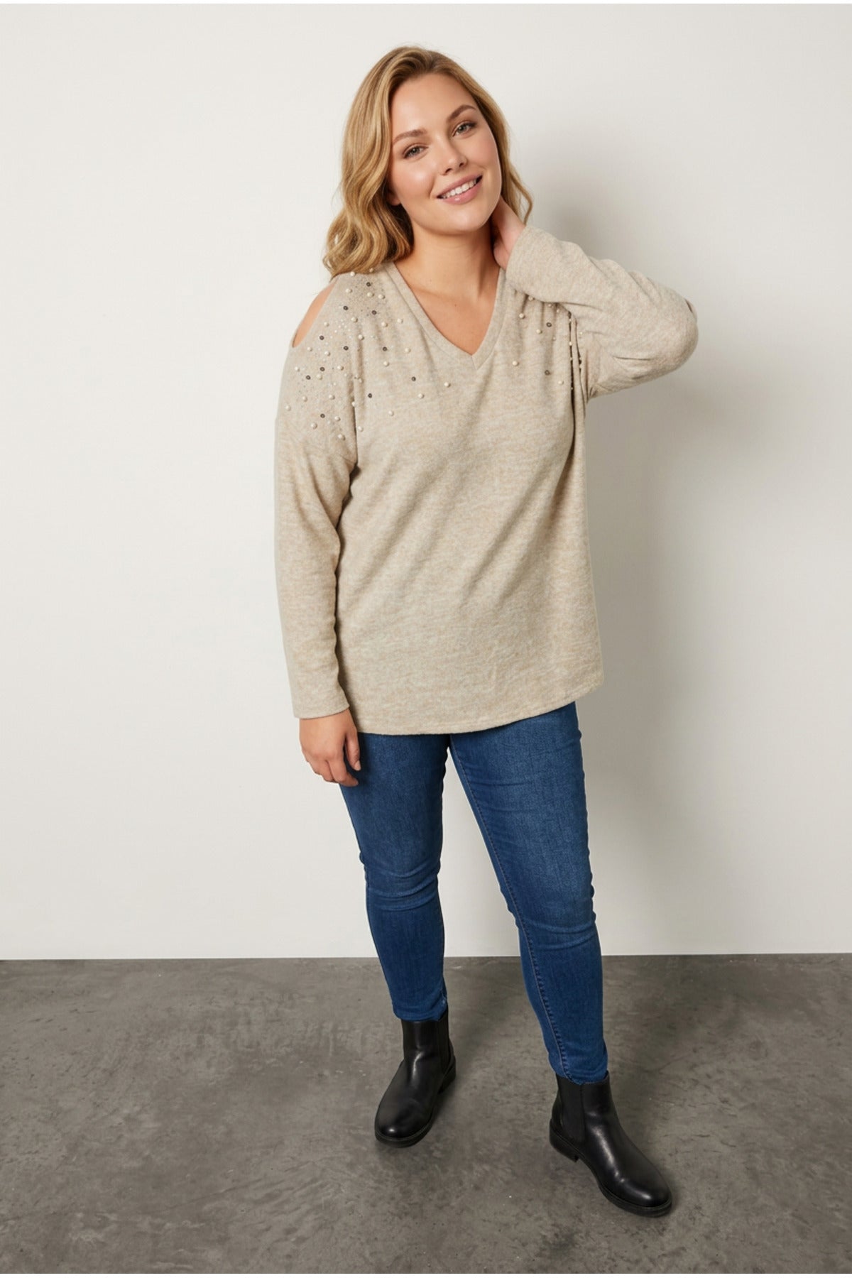 Plus Size V-Neck Beaded Embellished Sweater with Shoulder Detail