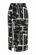 Plus Size Elastic Waist Abstract Patterned Long Skirt with Slit Detail