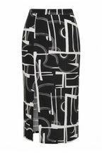 Plus Size Elastic Waist Abstract Patterned Long Skirt with Slit Detail
