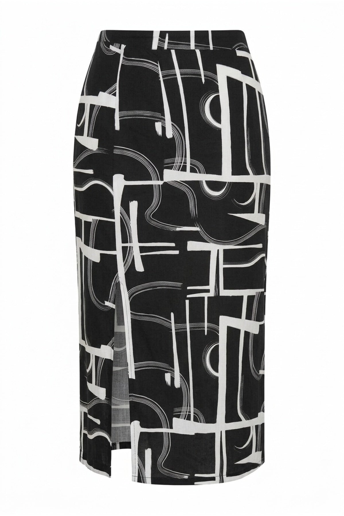 Plus Size Elastic Waist Abstract Patterned Long Skirt with Slit Detail