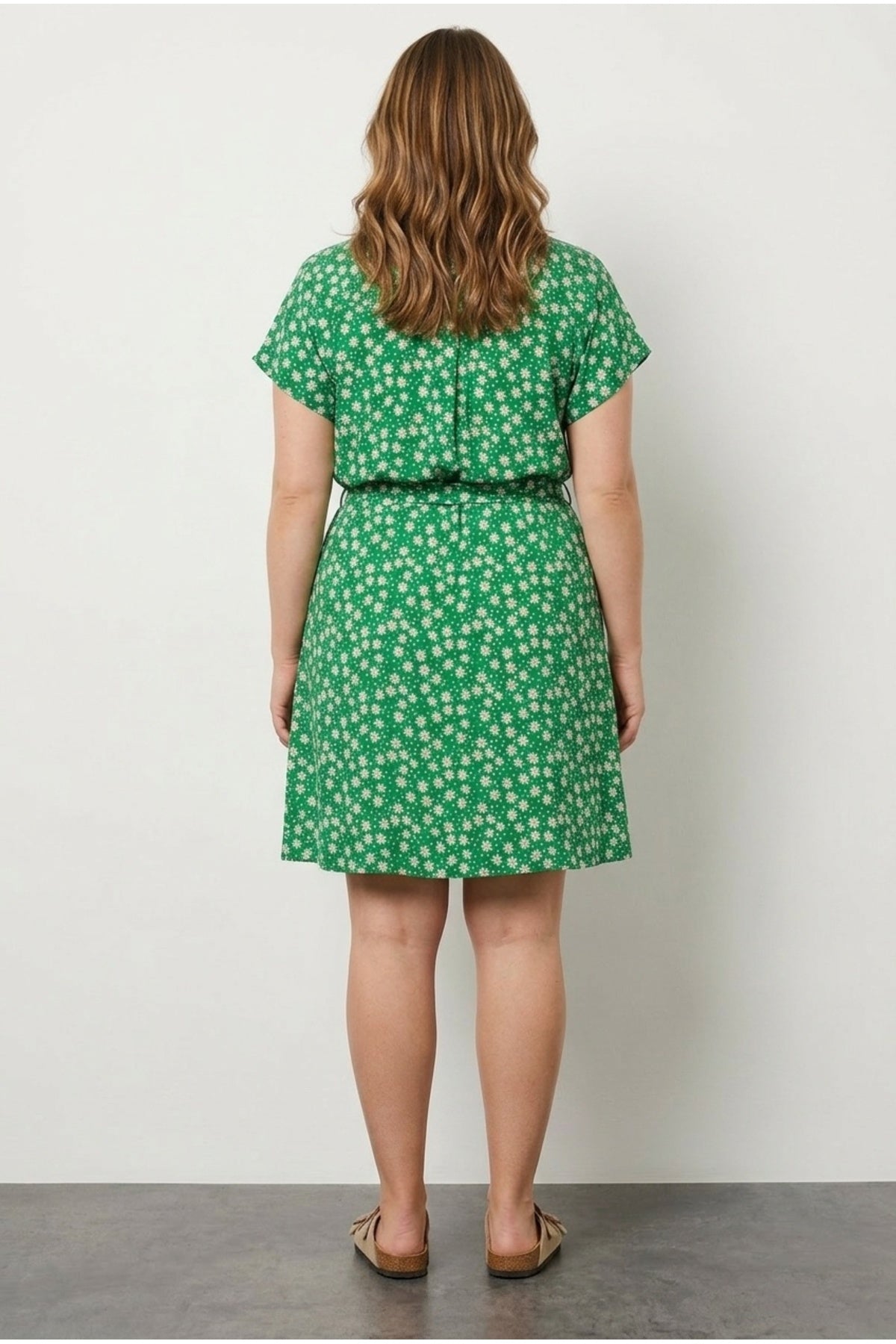 Plus Size Polo Neck Short Sleeve Floral Print Button Detail Belted Dress